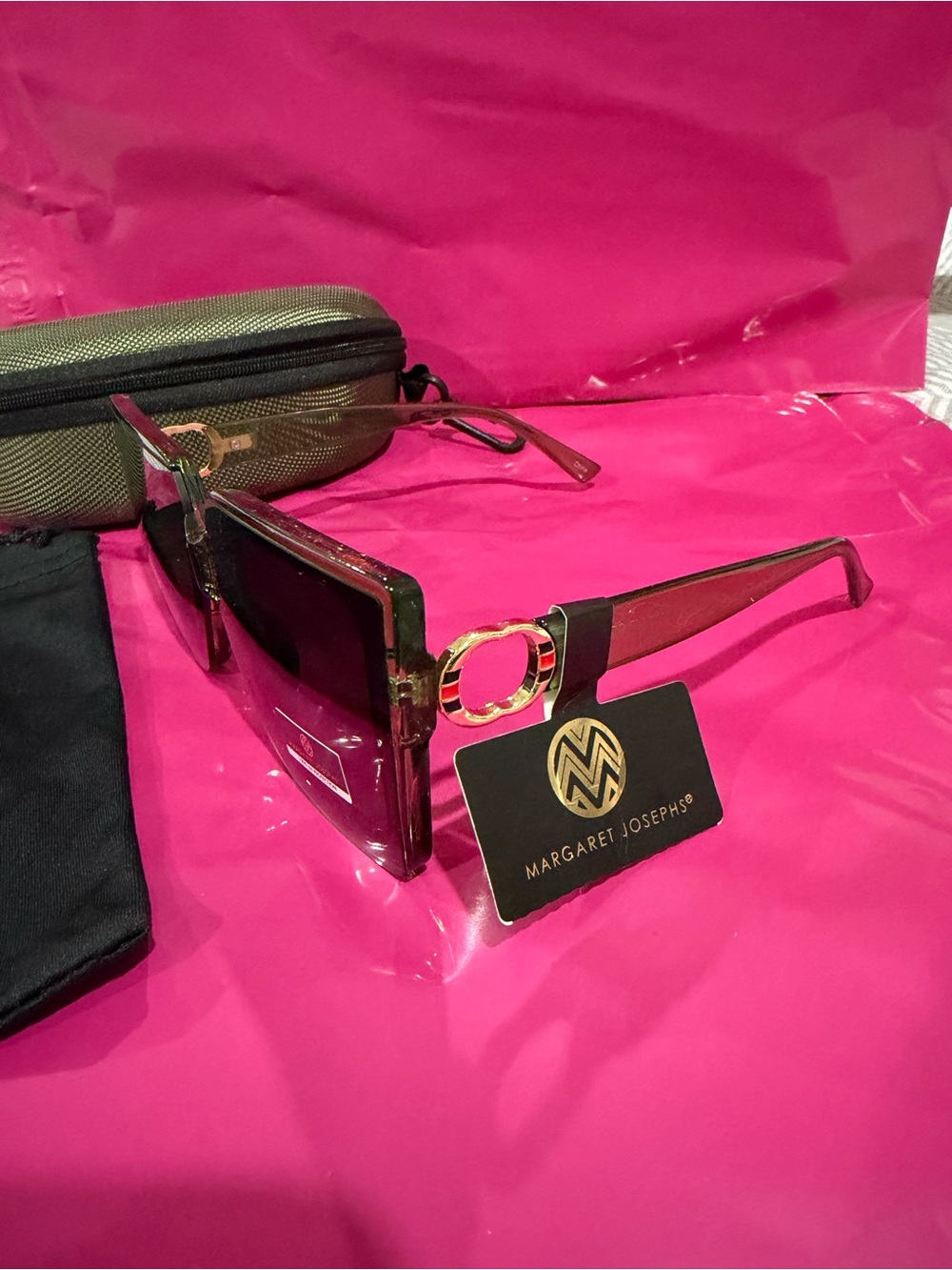 Margaret Josephs oversized square sunglasses Brown plastic frames Red Black Side
